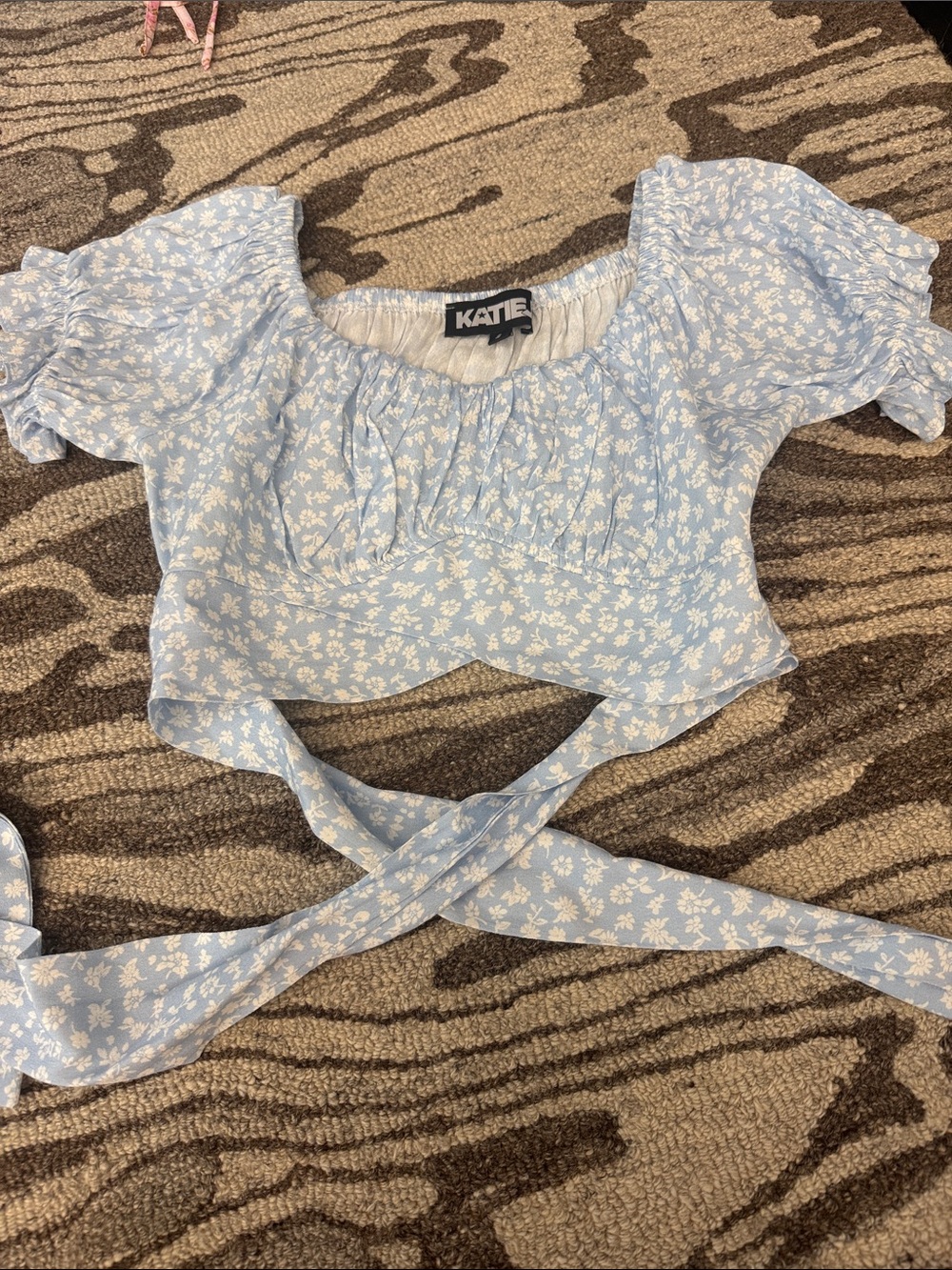 Katie J NYC Light Blue Floral Wrap Crop Top